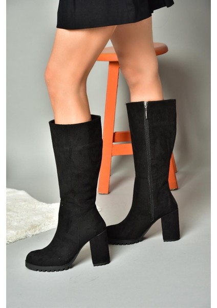 R518911402 Siyah Süet Kalın Topuklu Kadın Çizme modelleri