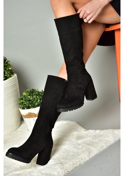 R518911402 Siyah Süet Kalın Topuklu Kadın Çizme indirimleri