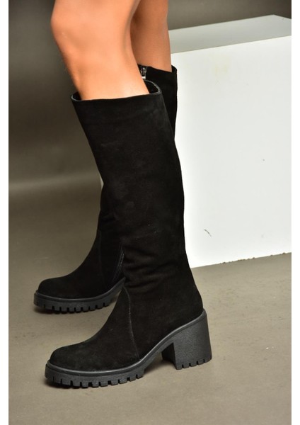 R654047702 Siyah Hakiki Deri Süet Kalın Topuklu Kadın Çizme fiyatları