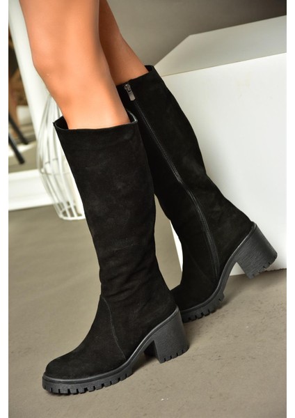 R654047702 Siyah Hakiki Deri Süet Kalın Topuklu Kadın Çizme modelleri