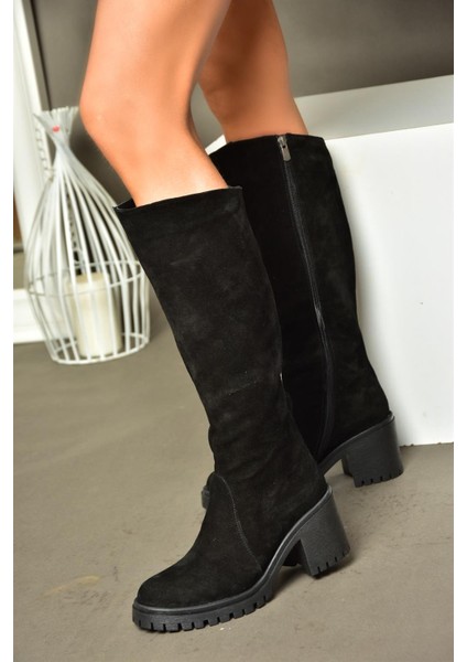 R654047702 Siyah Hakiki Deri Süet Kalın Topuklu Kadın Çizme fırsatları