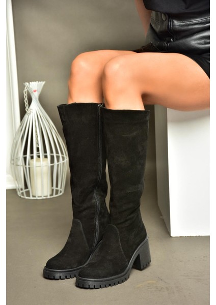 R654047702 Siyah Hakiki Deri Süet Kalın Topuklu Kadın Çizme indirimleri
