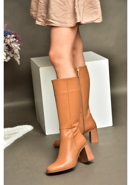 R518101409 Taba Kalın Topuklu Kadın Çizme modelleri