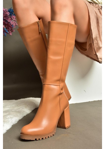 R518911409 Taba Kalın Topuklu Kadın Çizme fiyatları