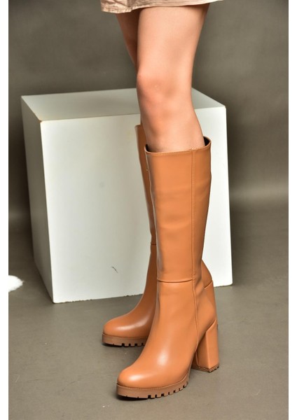 R518911409 Taba Kalın Topuklu Kadın Çizme modelleri