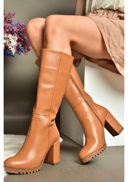 R518911409 Taba Kalın Topuklu Kadın Çizme fırsatları