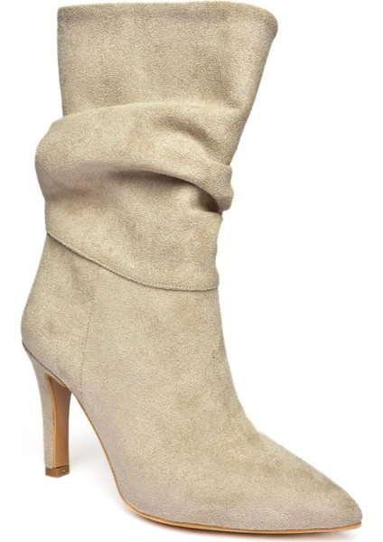 R404020302 Bej Süet Ince Topuklu Büzgülü Kadın Bot indirimleri