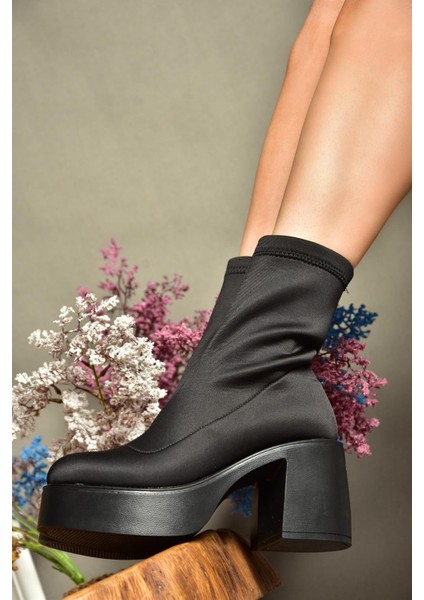 R404300004 Siyah Streç Kumaş Kalın Topuklu Kadın Bot