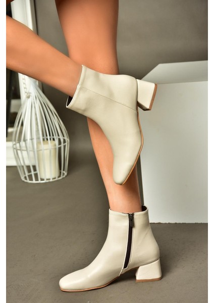 R654012409 Bej Kalın Topuklu Kadın Bot modelleri