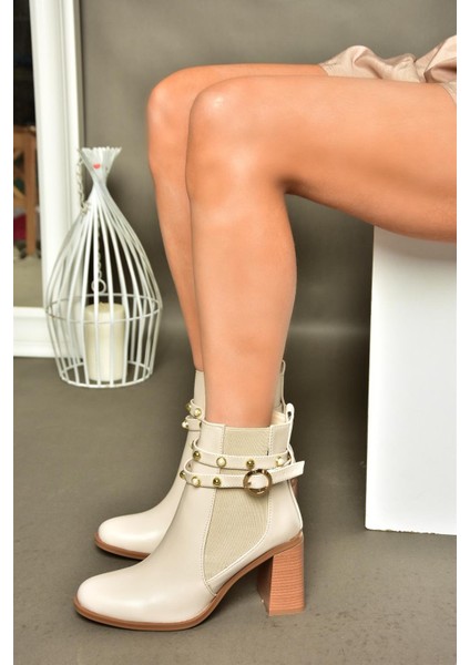 R518101109 Bej Kalın Topuklu Kadın Bot fırsatları