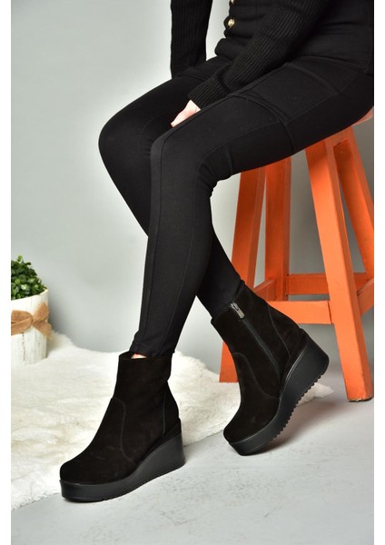 R667930002 Siyah Hakiki Deri Süet Kadın Bot