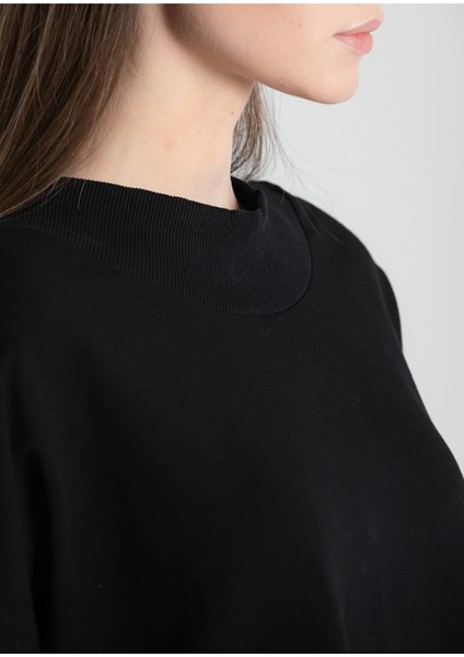 Siyah Belden Büzmeli Pamuk Düşük Omuz Bohem Oversize Sweat 2204