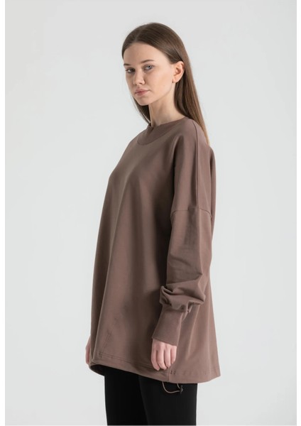 Vizon Belden Büzmeli Pamuk Düşük Omuz Bohem Oversize Sweat 2204