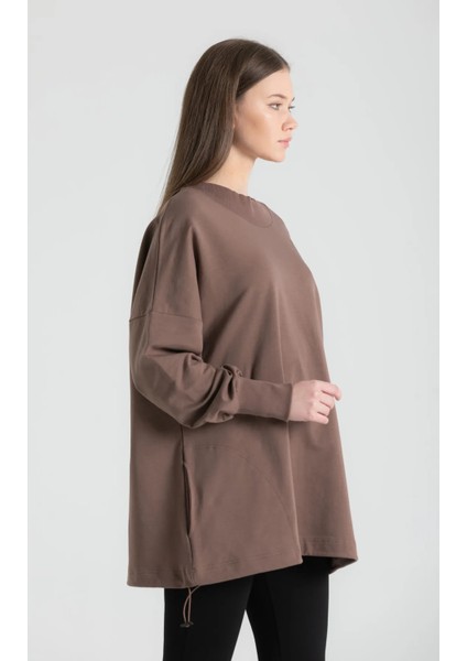 Vizon Belden Büzmeli Pamuk Düşük Omuz Bohem Oversize Sweat 2204