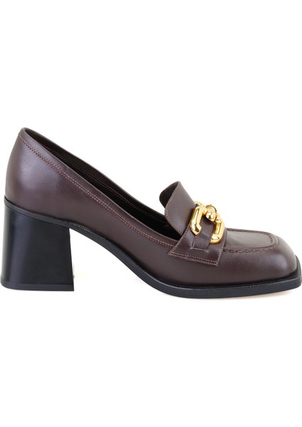 Erica Kahve Kadın Toka Aksesuarlı Topuklu Deri Loafer modelleri