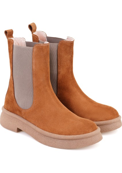 Sering Taba Kadın Lastikli Nubuk Deri Chelsea Bot