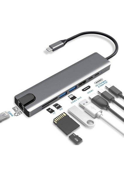 Blue Wings Macbook Pro Air USB Type-C Hub Dönüştürücü Çevirici Çoklayıcı USB Hdmı Micro Sd 8 Girişli RJ8I1NEW 8 In