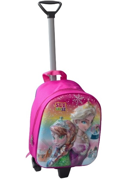 Anaokulu Çocuk Çekçekli Valiz Sırt Çantası Çekçekli Kız Çocuk Okul Çantası 2in1 Sue And Se Model Abs Ön Yüzey 5d Boyutlu Pembe
