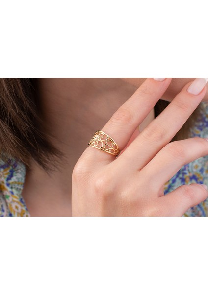 Çiçekli Bohem Yüzük Kadın Kalın Çiçek Yüzük 14 Ayar Altın