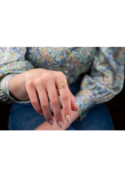 Çiçekli Bohem Yüzük Kadın Kalın Çiçek Yüzük 14 Ayar Altın modelleri