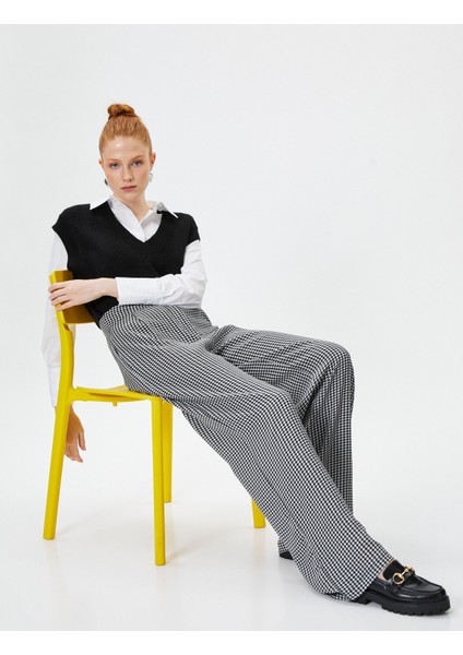 Palazzo Pantolon Kaz Ayağı Desenli Yüksek Bel Cepli