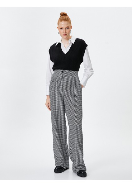 Palazzo Pantolon Kaz Ayağı Desenli Yüksek Bel Cepli fiyatları