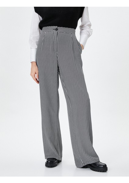 Palazzo Pantolon Kaz Ayağı Desenli Yüksek Bel Cepli modelleri