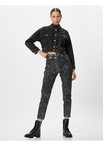 Yüksek Bel Varaklı Parlak Baskılı Kot Pantolon Rahat Kesim Hafif Dar Crop Paça Cepli - Mom Jean