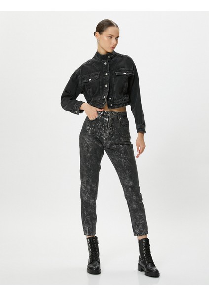 Yüksek Bel Varaklı Parlak Baskılı Kot Pantolon Rahat Kesim Hafif Dar Crop Paça Cepli - Mom Jean fiyatları