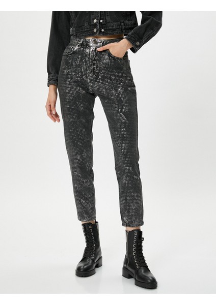 Yüksek Bel Varaklı Parlak Baskılı Kot Pantolon Rahat Kesim Hafif Dar Crop Paça Cepli - Mom Jean modelleri