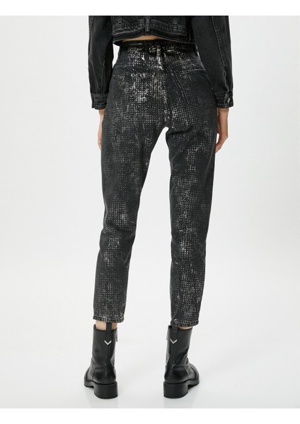 Yüksek Bel Varaklı Parlak Baskılı Kot Pantolon Rahat Kesim Hafif Dar Crop Paça Cepli - Mom Jean fırsatları