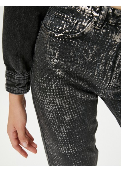 Yüksek Bel Varaklı Parlak Baskılı Kot Pantolon Rahat Kesim Hafif Dar Crop Paça Cepli - Mom Jean indirimleri