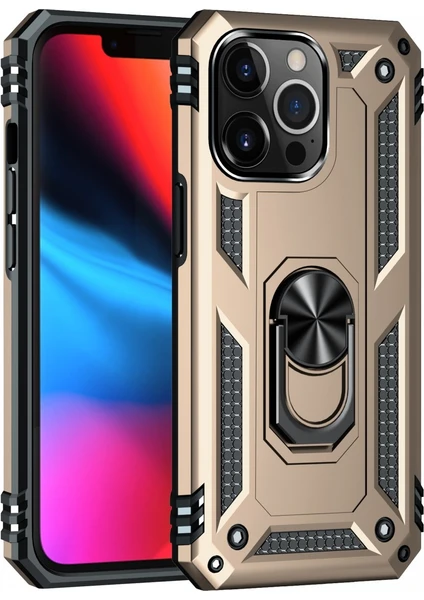 iPhone 13 Pro Uyumlu Kılıf Kamera Korumalı Yüzüklü Armor Military Tank Sofya Kapak - Gold