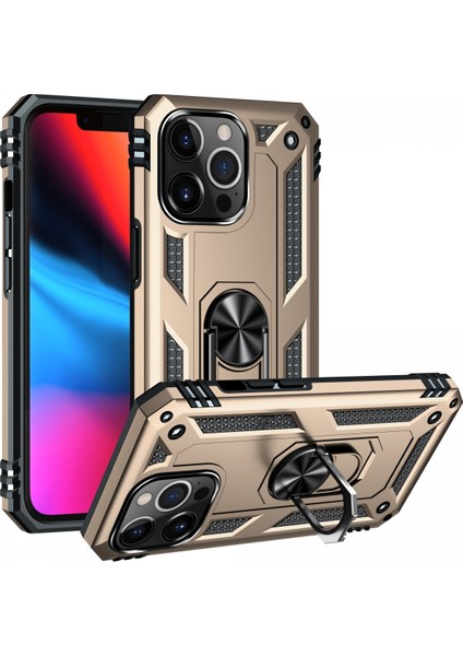 iPhone 13 Pro Uyumlu Kılıf Kamera Korumalı Yüzüklü Armor Military Tank Sofya Kapak - Gold