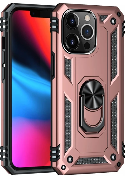 iPhone 13 Pro Uyumlu Kılıf Kamera Korumalı Yüzüklü Armor Military Tank Sofya Kapak - Rose