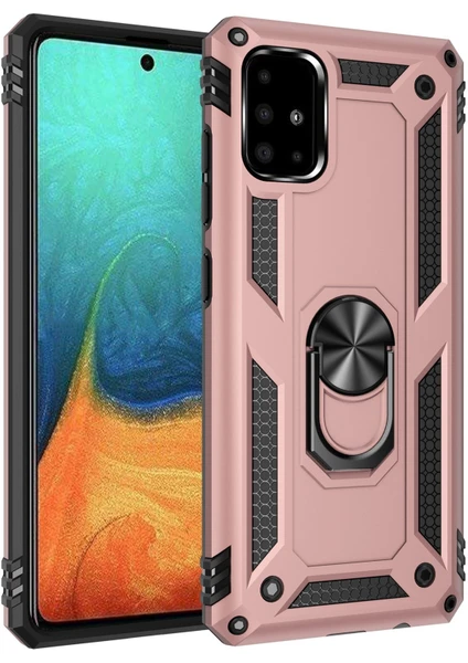 Samsung Galaxy A71 Uyumlu Kılıf Kamera Korumalı Yüzüklü Armor Military Tank Sofya Kapak - Rose