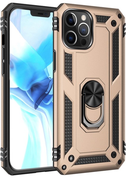 iPhone 12 Pro Max Uyumlu Kılıf Kamera Korumalı Yüzüklü Armor Military Tank Sofya Kapak - Gold