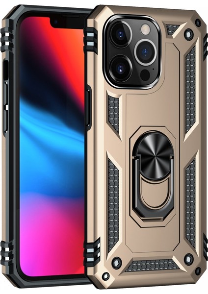 iPhone 14 Pro Max Uyumlu Kılıf Kamera Korumalı Yüzüklü Armor Military Tank Sofya Kapak - Gold