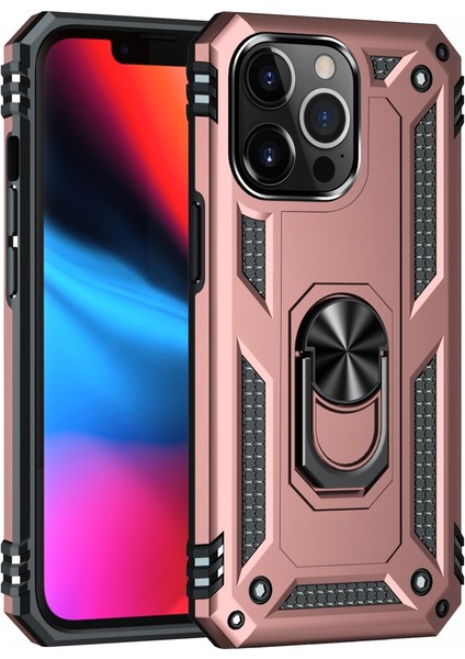 iPhone 14 Pro Max Uyumlu Kılıf Kamera Korumalı Yüzüklü Armor Military Tank Sofya Kapak - Rose