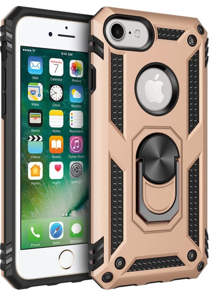 iPhone 8 Uyumlu Kılıf Kamera Korumalı Yüzüklü Armor Military Tank Sofya Kapak - Gold