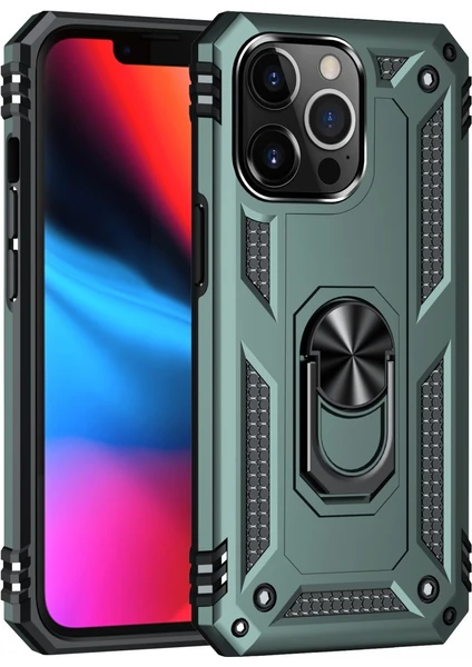 iPhone 14 Pro Max Uyumlu Kılıf Kamera Korumalı Yüzüklü Armor Military Tank Sofya Kapak - Yeşil