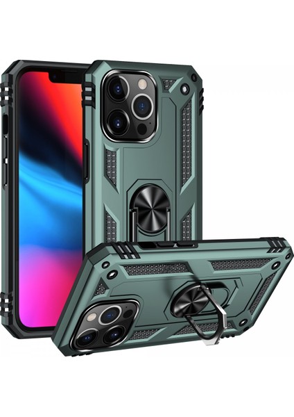 iPhone 14 Pro Max Uyumlu Kılıf Kamera Korumalı Yüzüklü Armor Military Tank Sofya Kapak - Yeşil