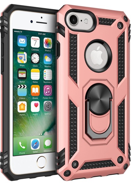 iPhone 8 Uyumlu Kılıf Kamera Korumalı Yüzüklü Armor Military Tank Sofya Kapak - Rose