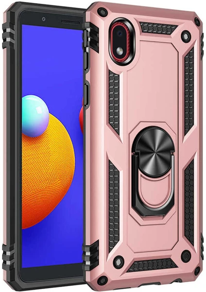 Samsung Galaxy A01 Core Uyumlu Kılıf Kamera Korumalı Yüzüklü Armor Military Tank Sofya Kapak - Rose