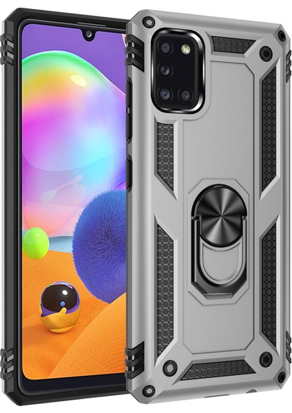 Samsung Galaxy A31 Uyumlu Kılıf Kamera Korumalı Yüzüklü Armor Military Tank Sofya Kapak - Gümüş