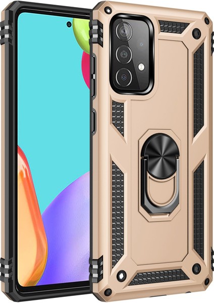 Samsung Galaxy A52S Uyumlu Kılıf Kamera Korumalı Yüzüklü Armor Military Tank Sofya Kapak - Gold