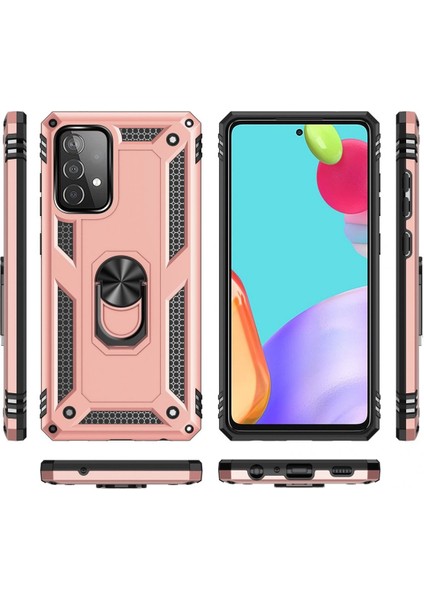 Samsung Galaxy A52S Uyumlu Kılıf Kamera Korumalı Yüzüklü Armor Military Tank Sofya Kapak - Rose