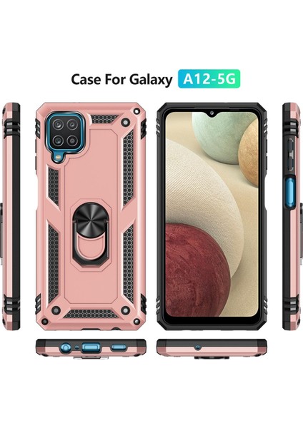 Samsung Galaxy M32 Uyumlu Kılıf Kamera Korumalı Yüzüklü Armor Military Tank Sofya Kapak - Rose