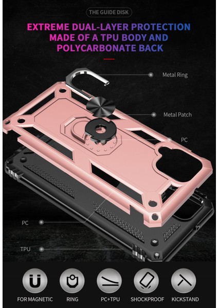 Samsung Galaxy M32 Uyumlu Kılıf Kamera Korumalı Yüzüklü Armor Military Tank Sofya Kapak - Rose