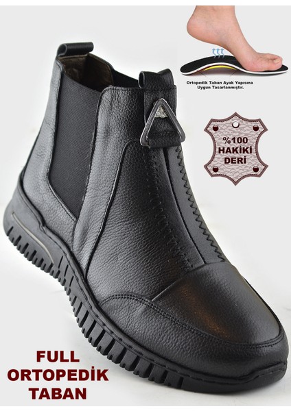 1833 Tam Ortopedik Siyah Hakiki Deri Kadın Bot Ayakkabı Anne Kışlık Deri Bot